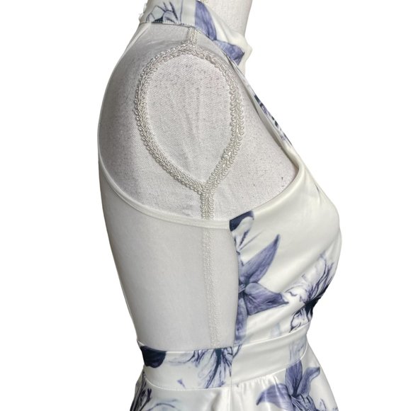 Floral Halter Neck Mini Dress - White and Blue - Picture 12 of 16